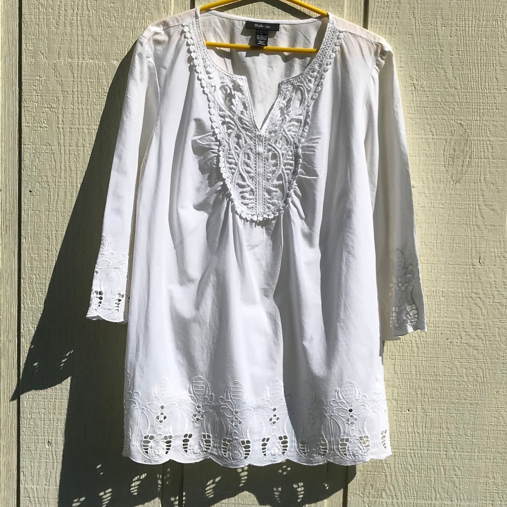 White blouse with white on white lace trim